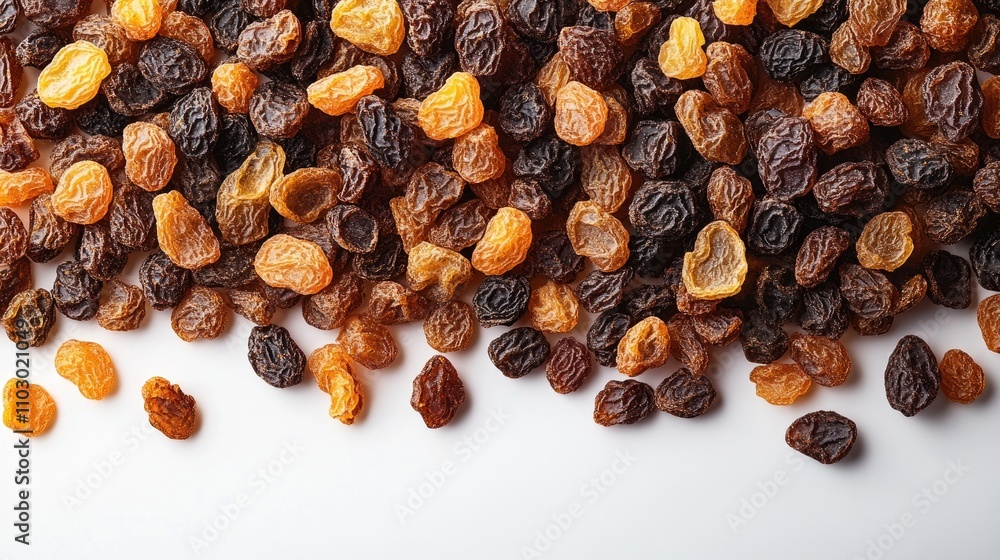 Poster dried raisins in an array with a mix of colors displayed on a clean white background showcasing thei