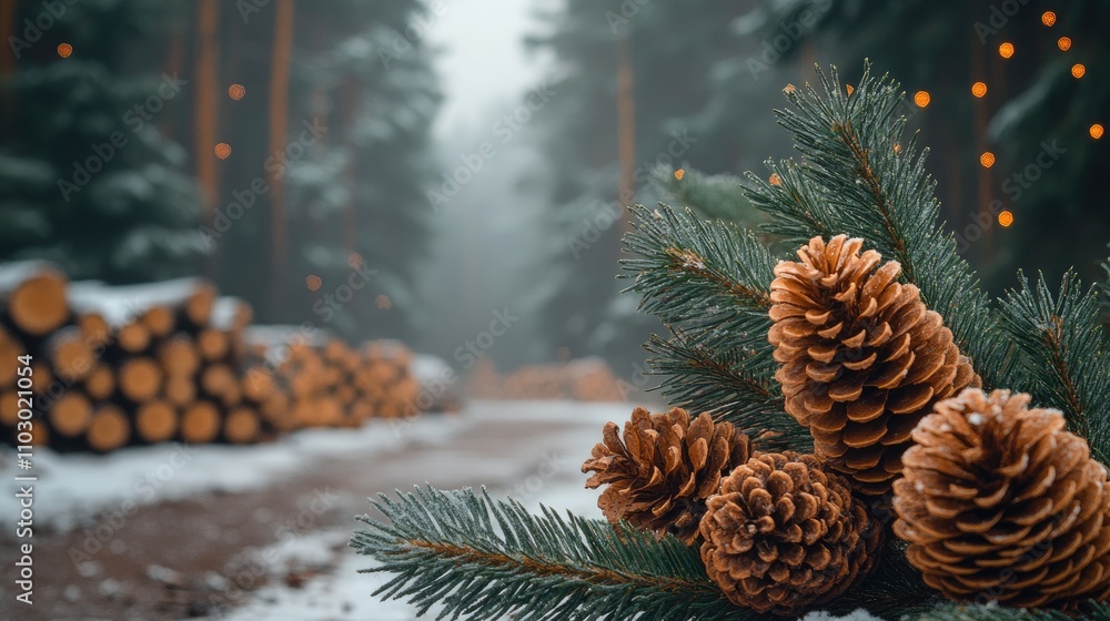 Aufkleber Fir tree branch adorned with pine cones in a serene snowy forest setting with soft bokeh lights and stacked logs in the background