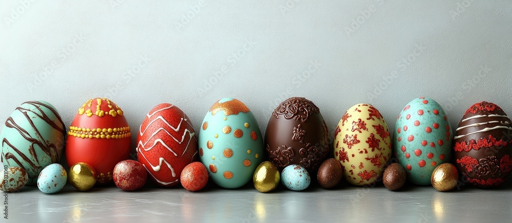 Aufkleber colorful easter eggs decorated with patterns and chocolate eggs arranged on a light background for f