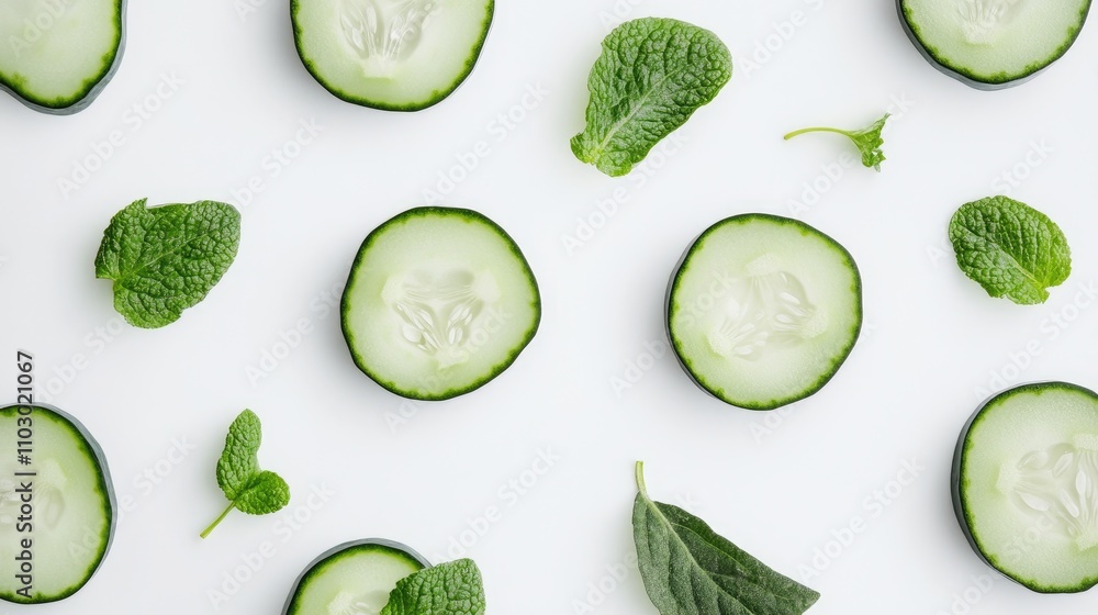 Poster fresh cucumber slices and green leaves arranged on a white background showcasing a vibrant and healt