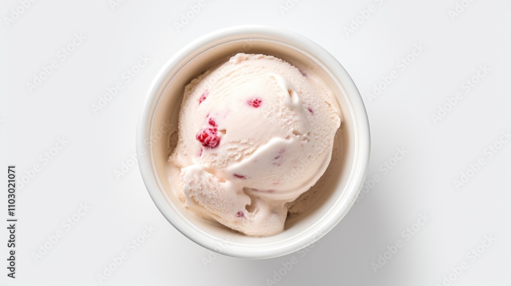 Poster closeup view of creamy pink ice cream with strawberry bits in a cup on a clean white background perf