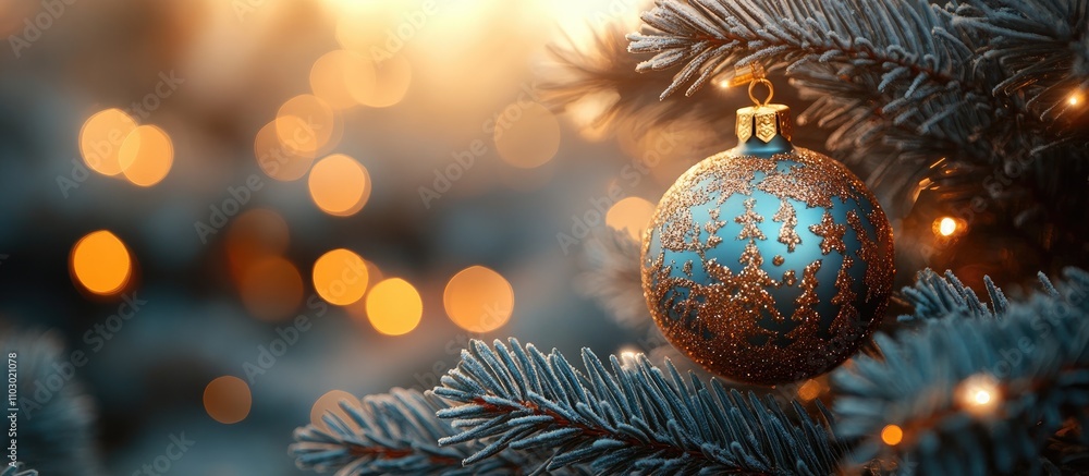 Poster macro view of christmas ornament on tree with sparkling lights and frosted pine branches creating a 