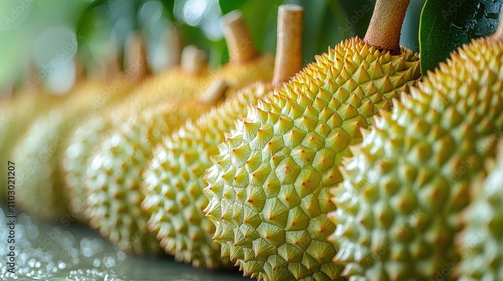 Aufkleber fresh durian fruits arranged in a row showcasing their distinctive spiky texture against a natural g