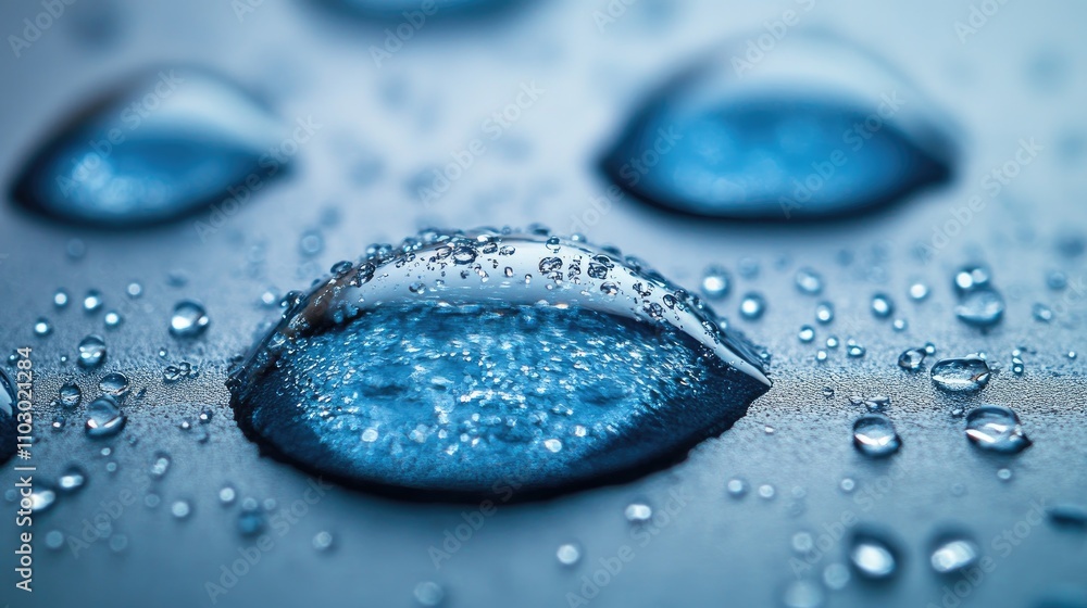Aufkleber close up of vivid blue water droplets resting on a smooth surface highlighting texture and reflectio
