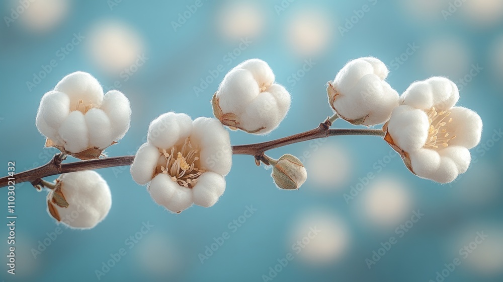 Poster delicate cotton flowers on a branch with a soft blue background creating a serene and natural atmosp