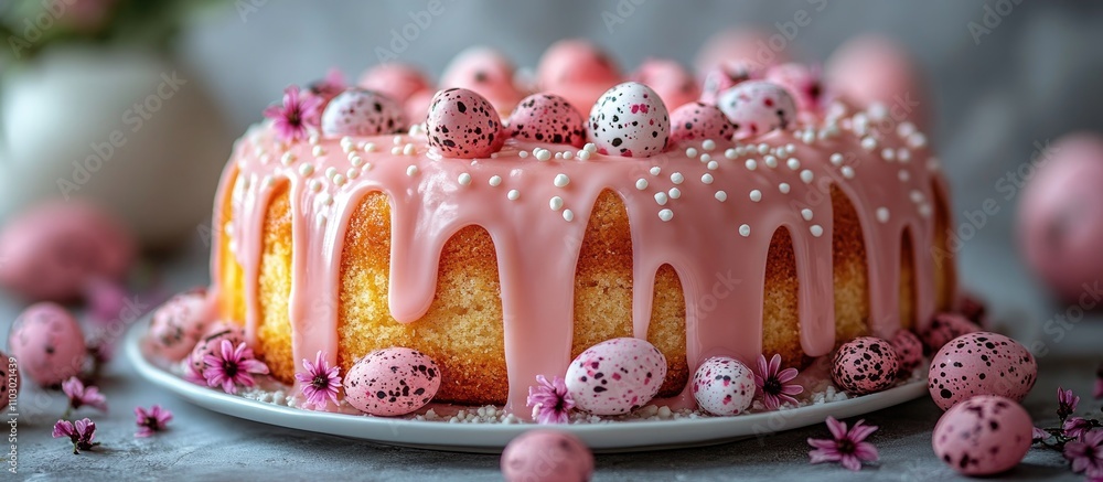 Aufkleber easter cake adorned with glossy pink icing and colorful speckled eggs on a light background for fest