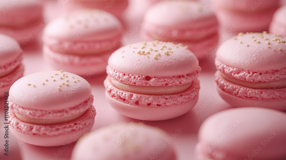 Poster delicate pink macarons arranged elegantly on a soft pink background showcasing their smooth texture 