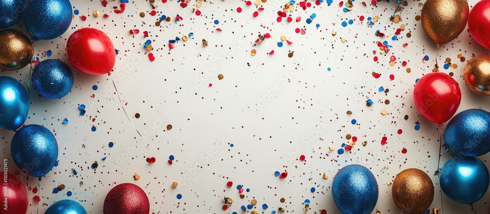 Poster colorful birthday party concept with balloons and confetti arranged on a white background creating a