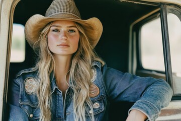 Modern cowgirl in denim jacket and hat relaxing in rustic vehicle