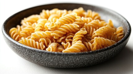 Fussili pasta served in a textured dark bowl against a clean white background for culinary and food styling concepts