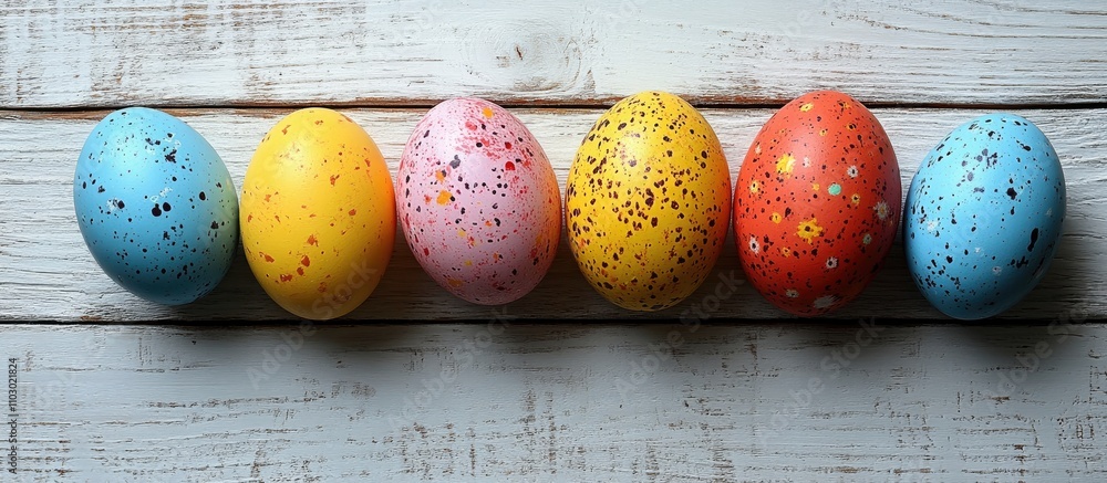Poster colorful speckled easter eggs arranged on a white wooden surface creating a vibrant seasonal backgro