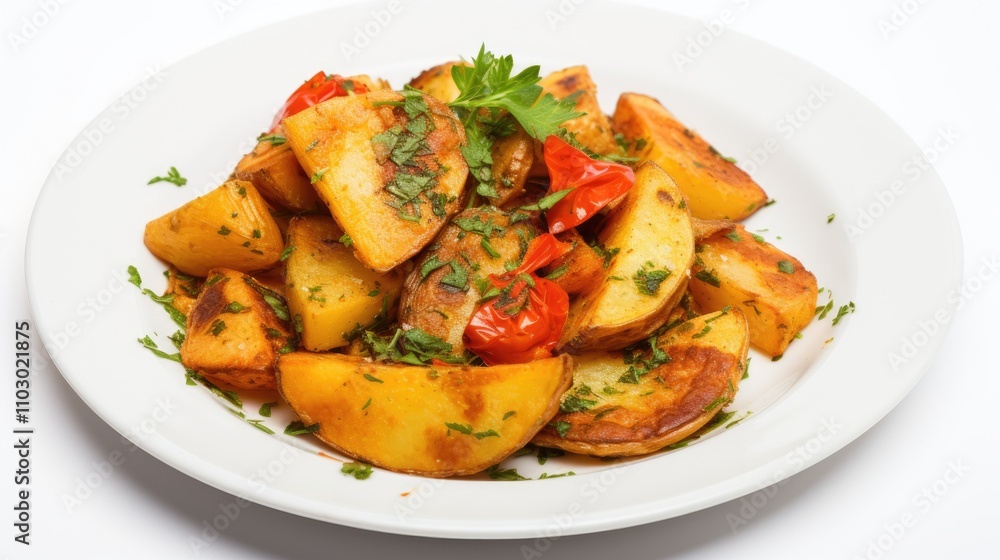 Poster fried potatoes with tomato and parsley beautifully arranged on a white plate creating an appetizing 