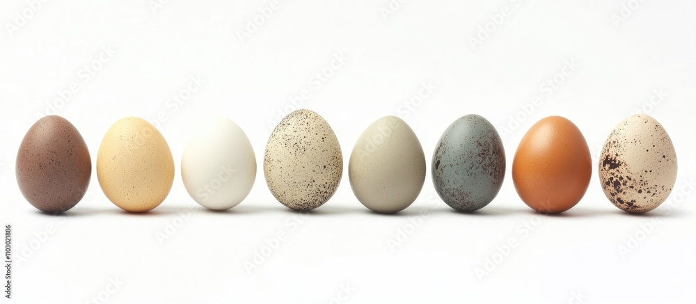 Poster Colorful decorative Easter eggs arranged in a row on a clean white background showcasing various textures and patterns.