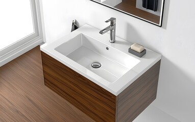 Fototapeta premium Modern bathroom sink with wooden cabinetry and minimalist design.