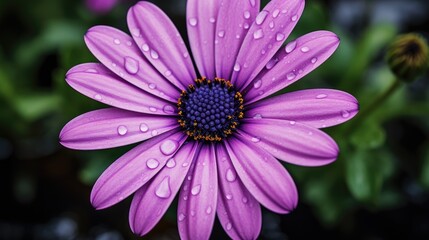Obraz premium Close up of a vibrant purple daisy flower with raindrops enhancing its beauty and freshness in a natural setting