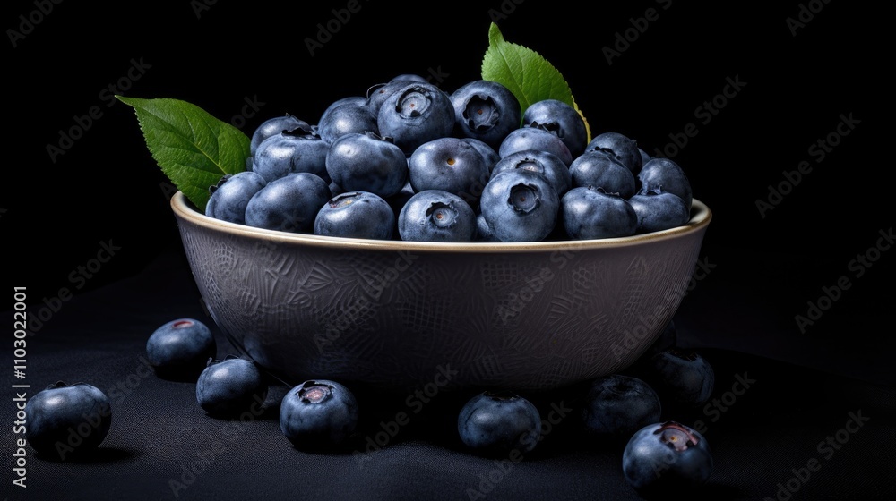 Poster bowl overflowing with fresh ripe blueberries elegantly displayed on a dark background with lush gree