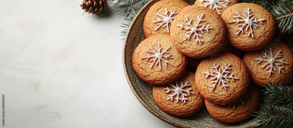 Poster handmade christmas cookies decorated with icing snowflakes on a rustic plate surrounded by fir branc