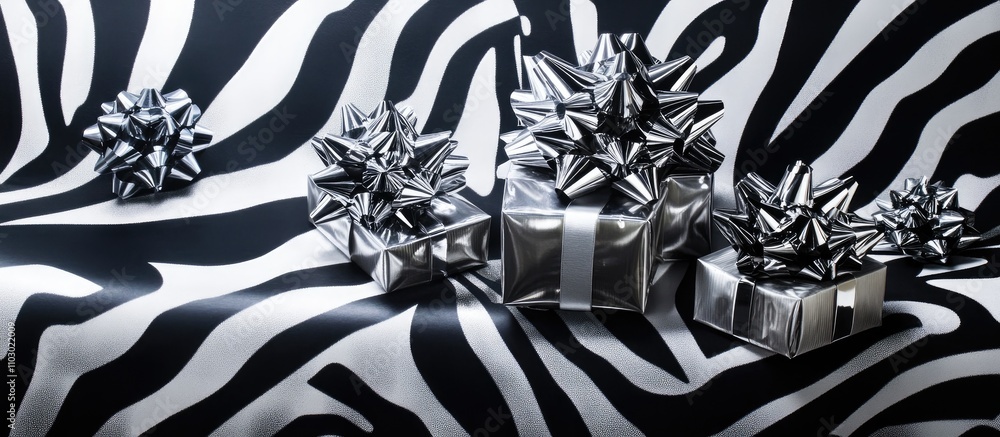 Poster stylish gift boxes with silver bows on a striking zebra print background for festive and promotional