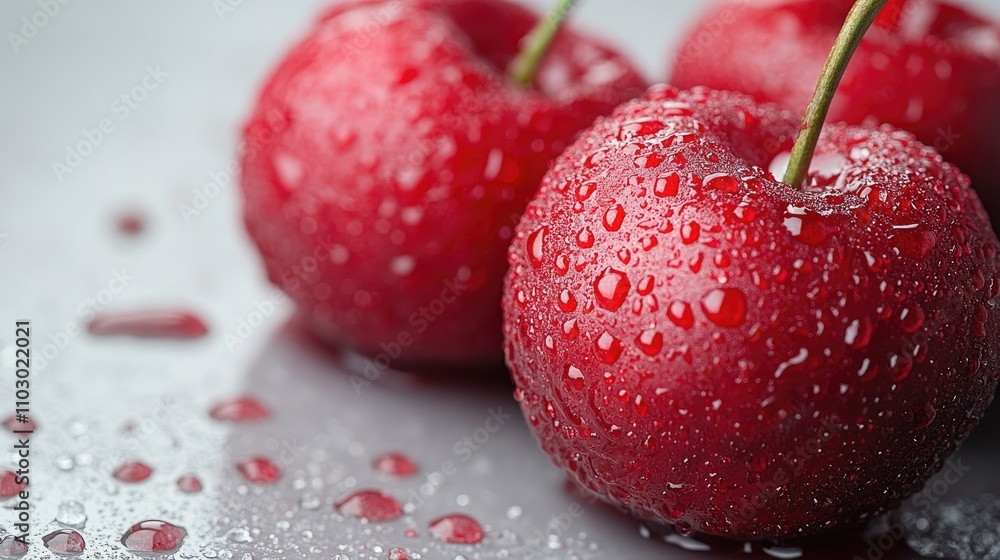Poster Freshly washed cherries with raindrops resting on a smooth surface showcasing vibrant red color and natural shine on a white background.