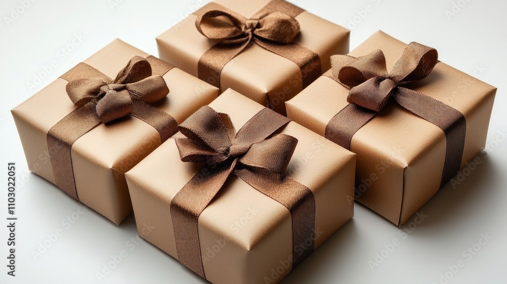 Poster elegant assortment of gift boxes with brown ribbons arranged neatly on a white background for a styl