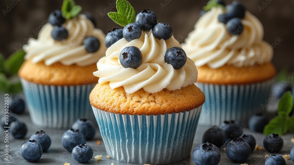 Poster delicious blueberry cupcakes with creamy frosting and blue stripe wrappers on a rustic background