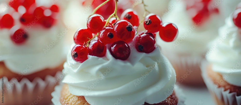 Poster closeup of delicious cupcakes topped with fresh red currants and creamy frosting on a bright table s