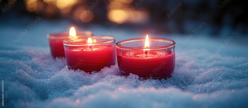 Aufkleber Winter scene featuring empty glass cups and glowing red candles on a snow-covered surface creating a cozy holiday atmosphere