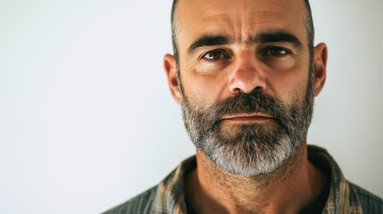 Obraz premium Serious portrait of middle-aged man with beard and short hair against white background conveying depth and contemplation in casual attire