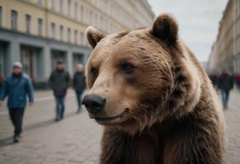 Fototapeta premium A large brown bear is leisurely walking down a bustling city street