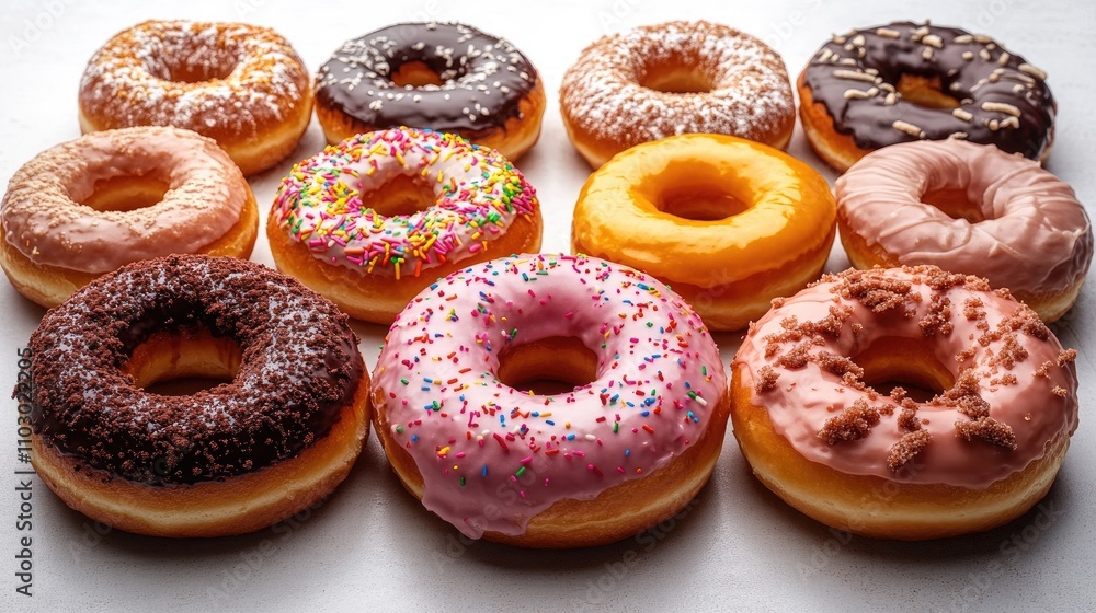 Poster colorful assorted donuts arranged on a white background showcasing a variety of toppings and flavors