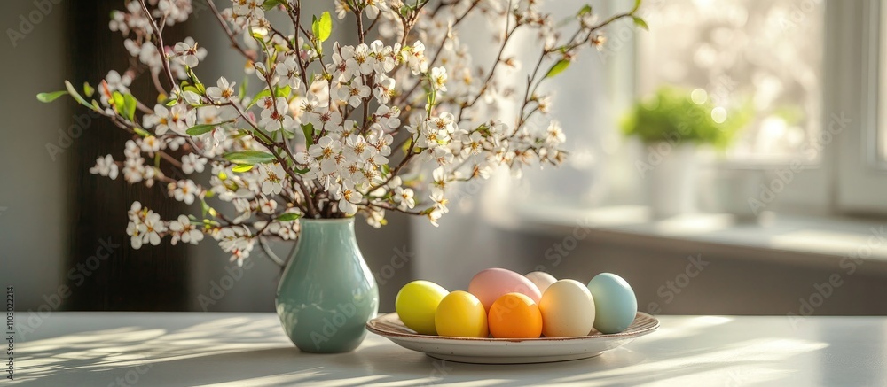 Poster festive spring arrangement with blooming tree branches in a vase and colorful eggs on a plate on a c