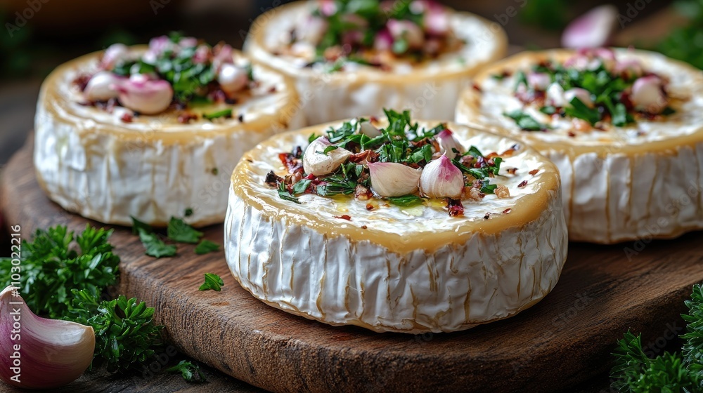 Poster camembert cheese garnished with parsley and garlic on rustic wooden board background for culinary pr