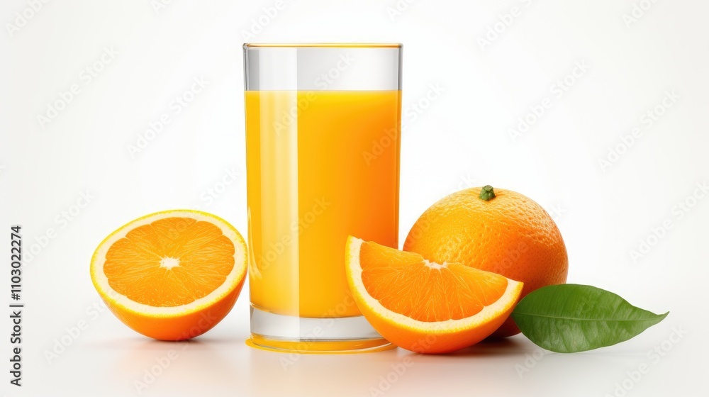 Poster freshly squeezed orange juice served in a glass with whole and sliced oranges on a white background 