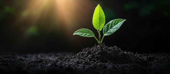 Fresh green seedling emerging from dark soil with sunlight highlights showcasing the essence of horticulture and plant nursery sales.