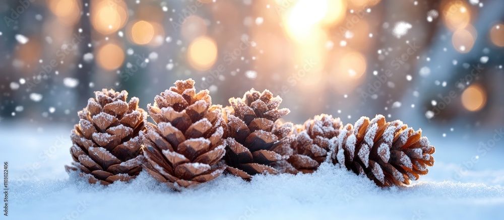 Poster winter scene featuring snow-dusted pine cones on white snow with a warm glow from the background per