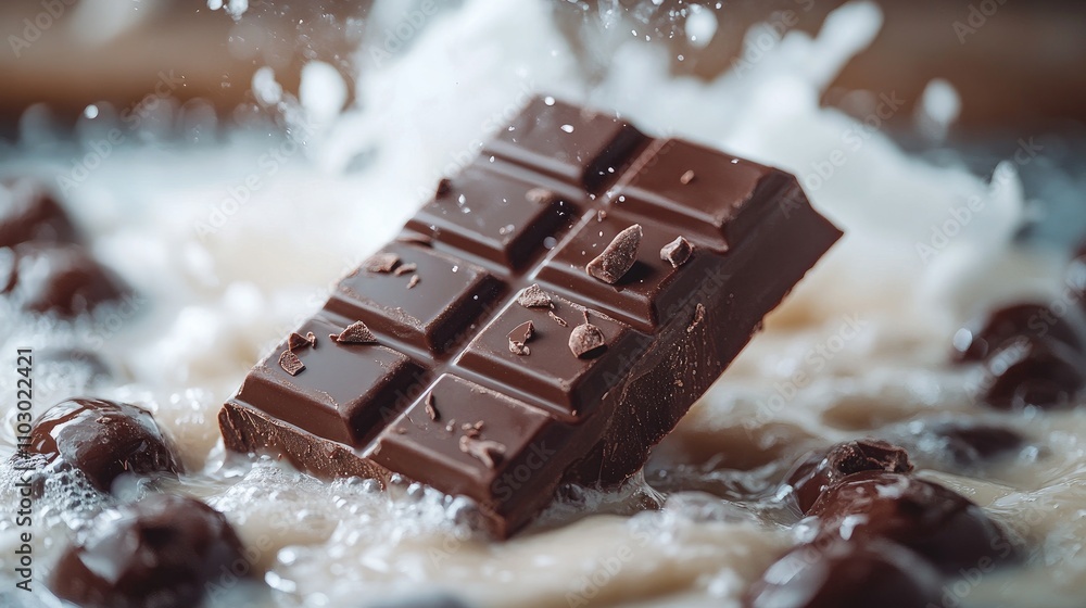 Poster milk chocolate bar surrounded by melted chocolate and cream on a white background creating a delicio