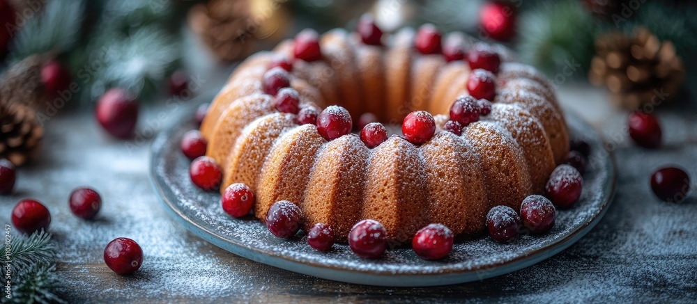 Poster christmas pound cake decorated with cranberries and pinecones on a festive table setting in a cozy w