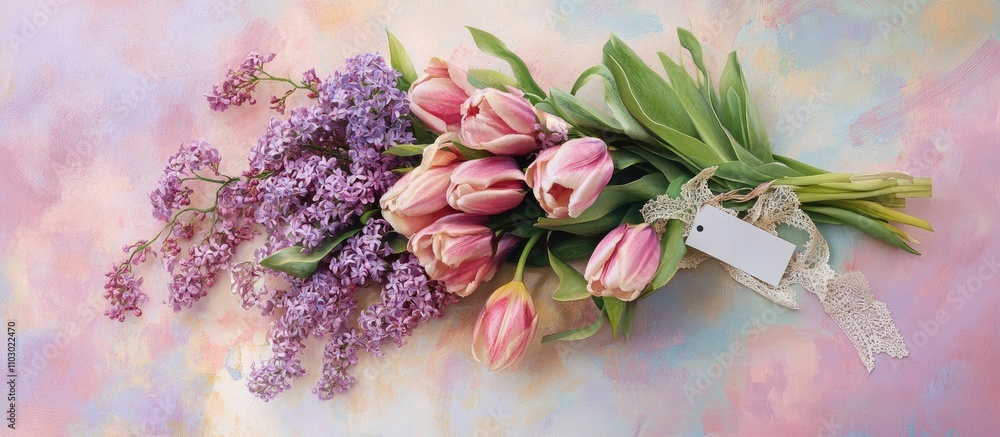 Fototapete spring bouquet of tulips and lilac arranged with ribbon and tag on bicolor pastel background overhea