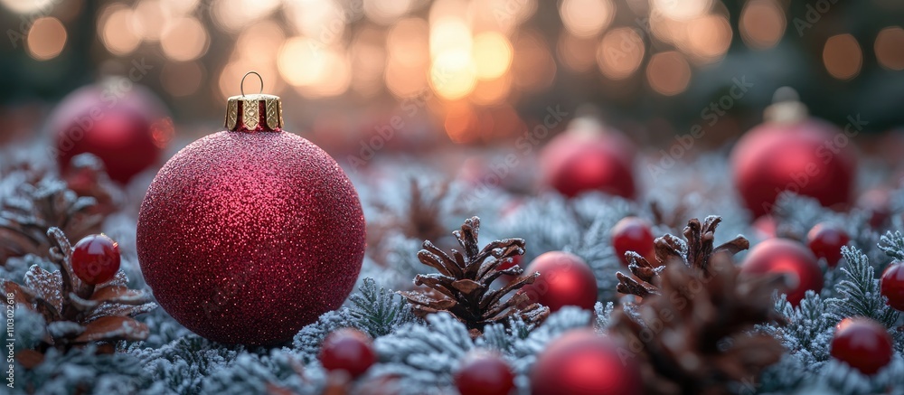 Poster festive christmas ornaments and pine cones on frosty ground with soft bokeh lights in the background