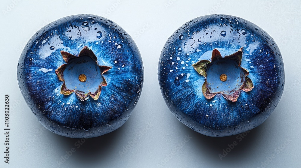 Poster close-up of two ripe blue grape berries with droplets on a white background showcasing their natural