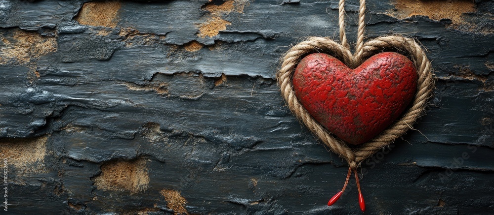 Poster handmade valentine s card featuring rustic heart design with natural cord on textured black backgrou
