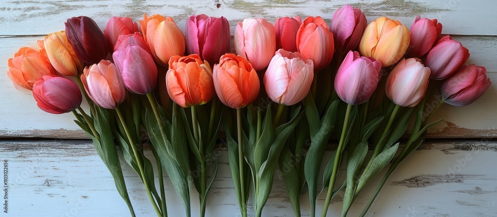 Poster colorful bouquet of tulips arranged on a rustic white wooden surface showing vibrant petals and ampl