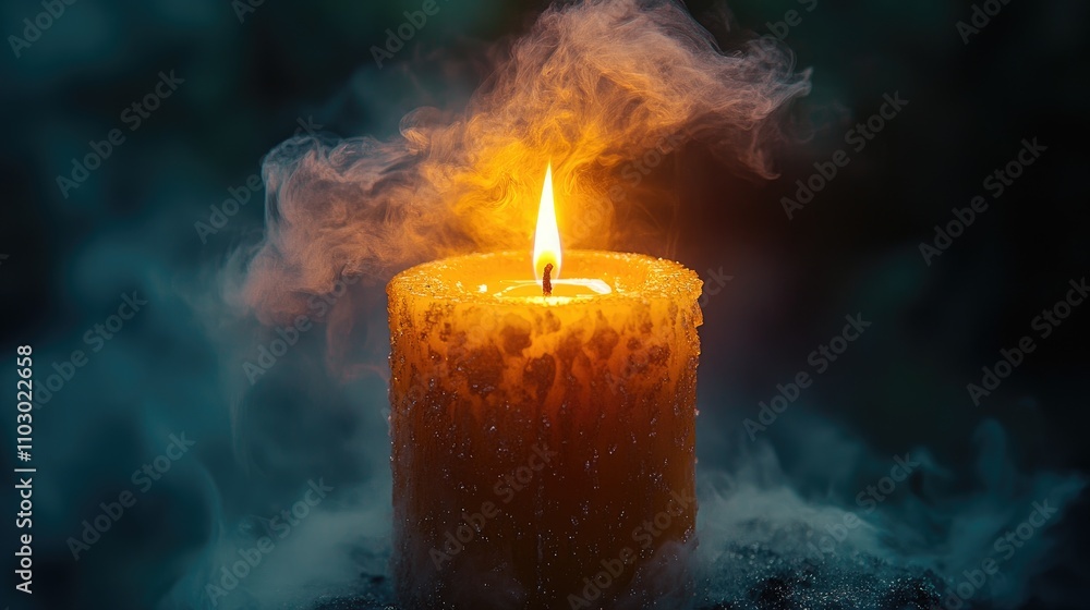 Poster extinguished candle emitting smoke with flickering flame isolated on dark background creating a tran