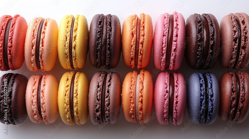 Aufkleber Assorted colorful macarons displayed neatly on a white background showcasing various flavors and textures for dessert photography.