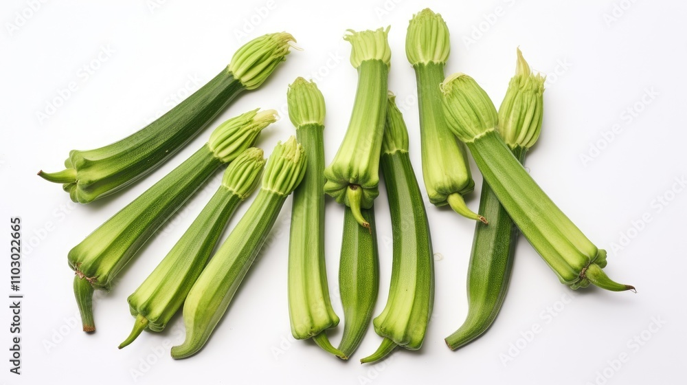Poster fresh raw okra arranged in a horizontal layout on a white background showcasing vibrant green colors