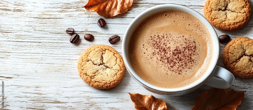 Poster cozy cup of coffee with heart design and cookies on a rustic wooden table surrounded by autumn leave