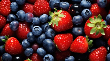 Obraz premium Fresh strawberries and blueberries assorted together showcasing vibrant colors and textures of summer berries in a healthy arrangement