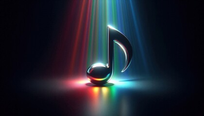 Shiny Metallic Music Note With Radiant Rainbow Light Beams 
