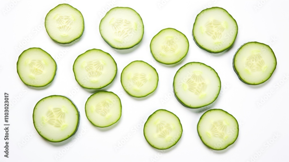 Poster sliced cucumber rounds arranged on a clean white background showcasing fresh vegetables for culinary