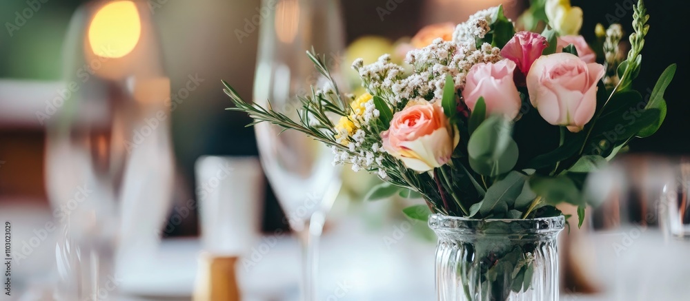 Aufkleber close up of a colorful flower arrangement in a glass vase set elegantly on a white table with soft f